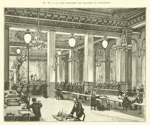 La lampada elettrica Jamin che illumina un caffè-concerto da French School